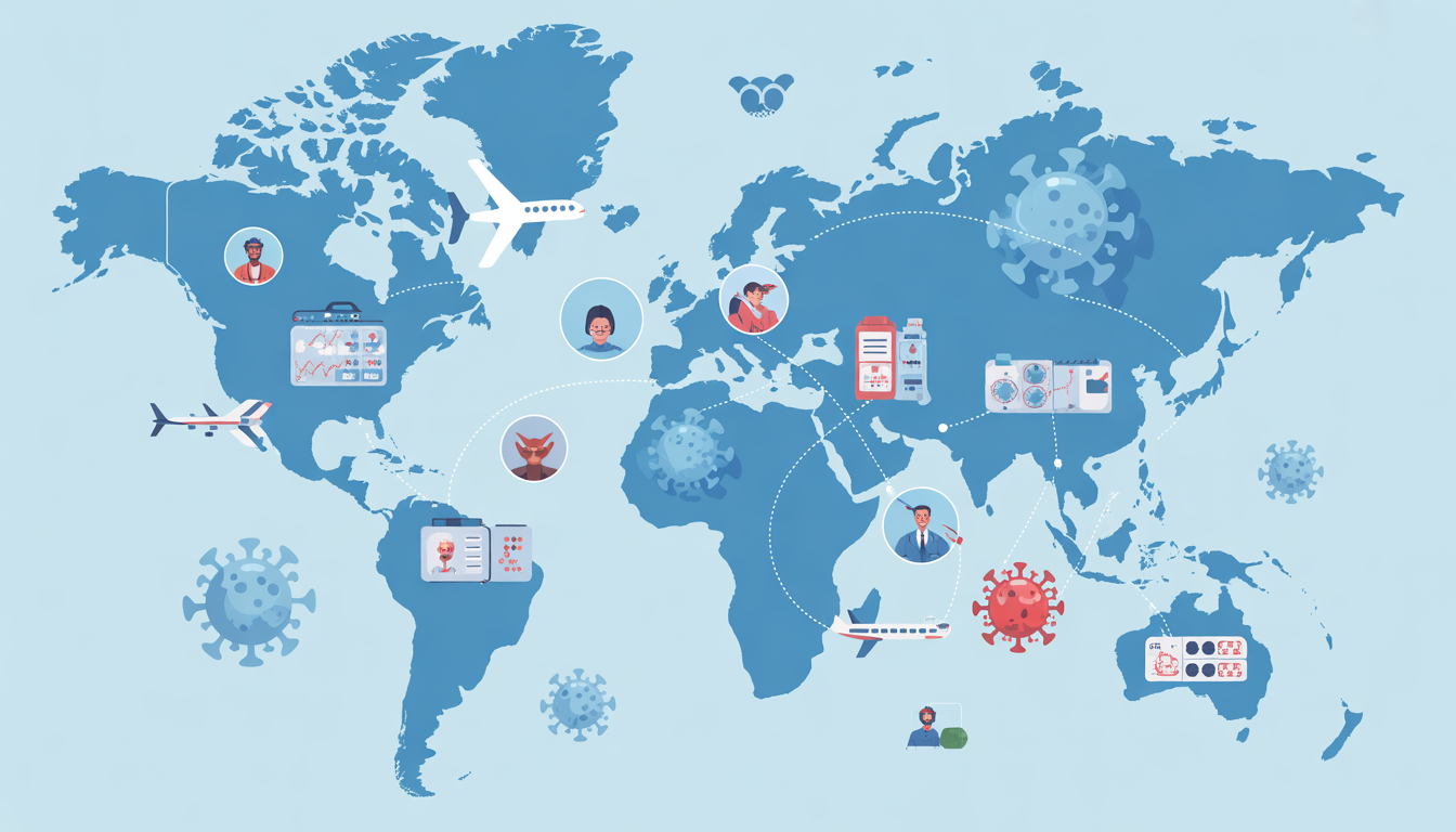 Illustration of world map showing virus variant surveillance by global health agencies like WHO and CDC, with icons of airplanes, travelers, and genomic sequencing amid surging international flights in 2026.